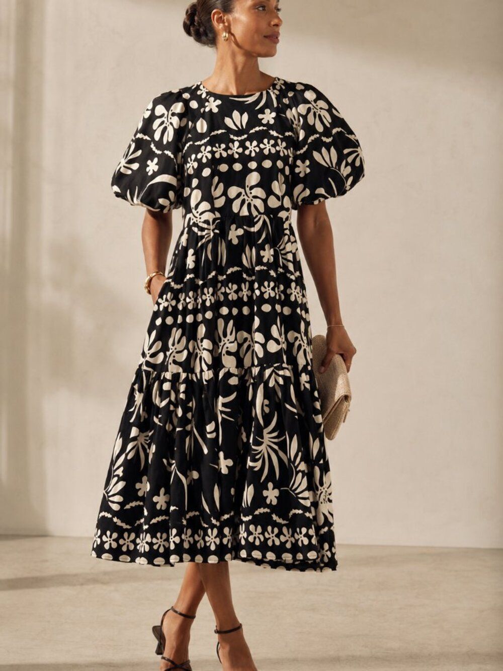 Corey Lynn Calter Black Ivory Floral Linen/Cotton Tiered Midi Dress Puff Sleeve